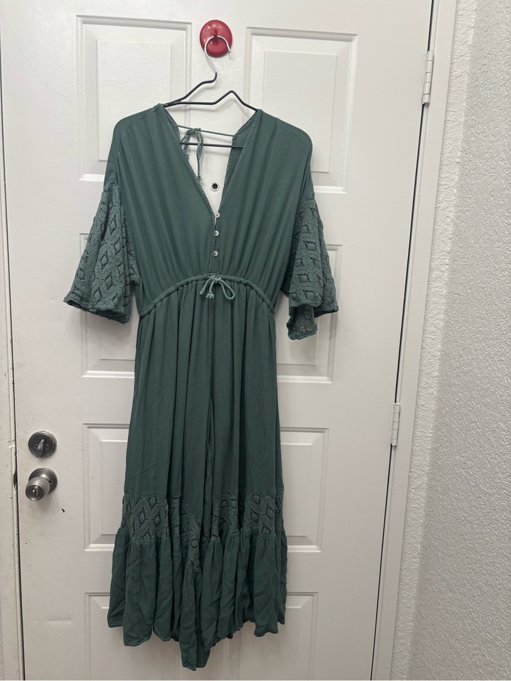 Free People Teal Green Boho Lace-Sleeve Midi Jumpsuit-Angela jumpsuit in pine